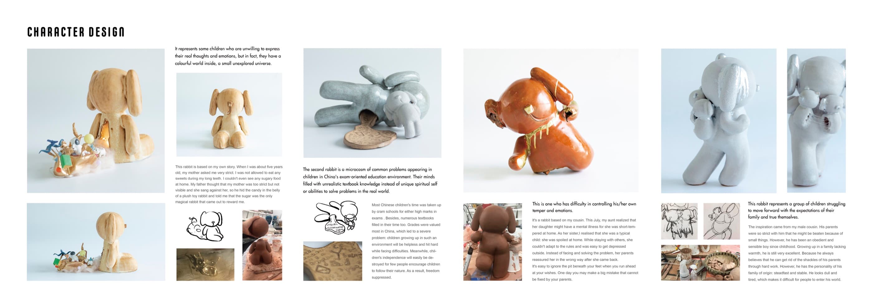 Presentation board documenting four ceramic rabbit characters