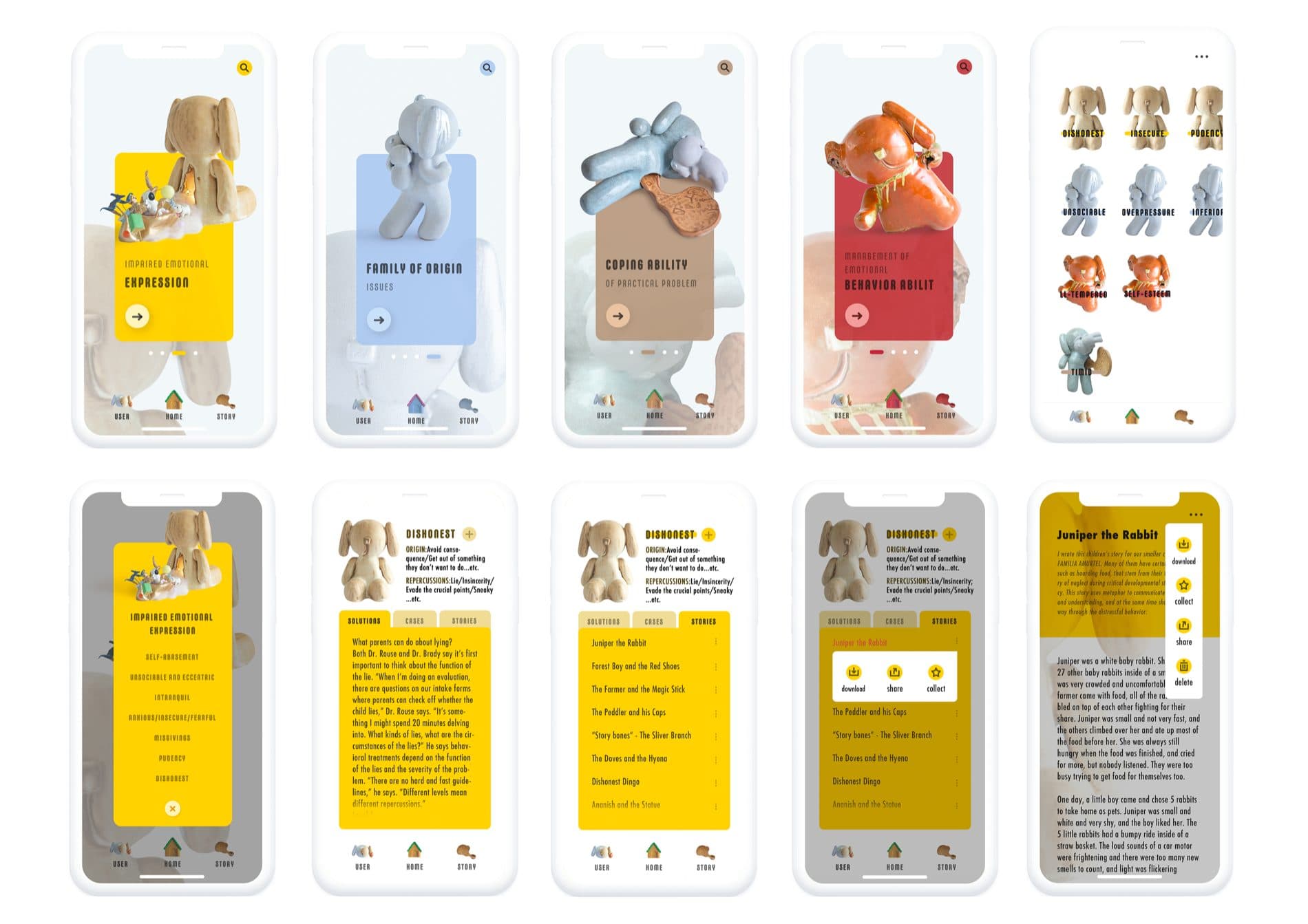 Overview of ten final Muddbbit app screens