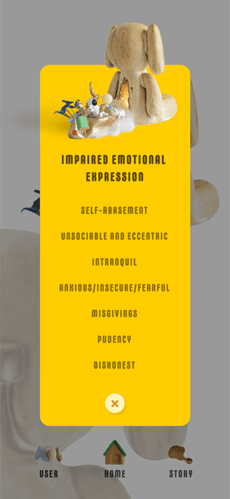 Yellow app screen listing emotional expression behaviours